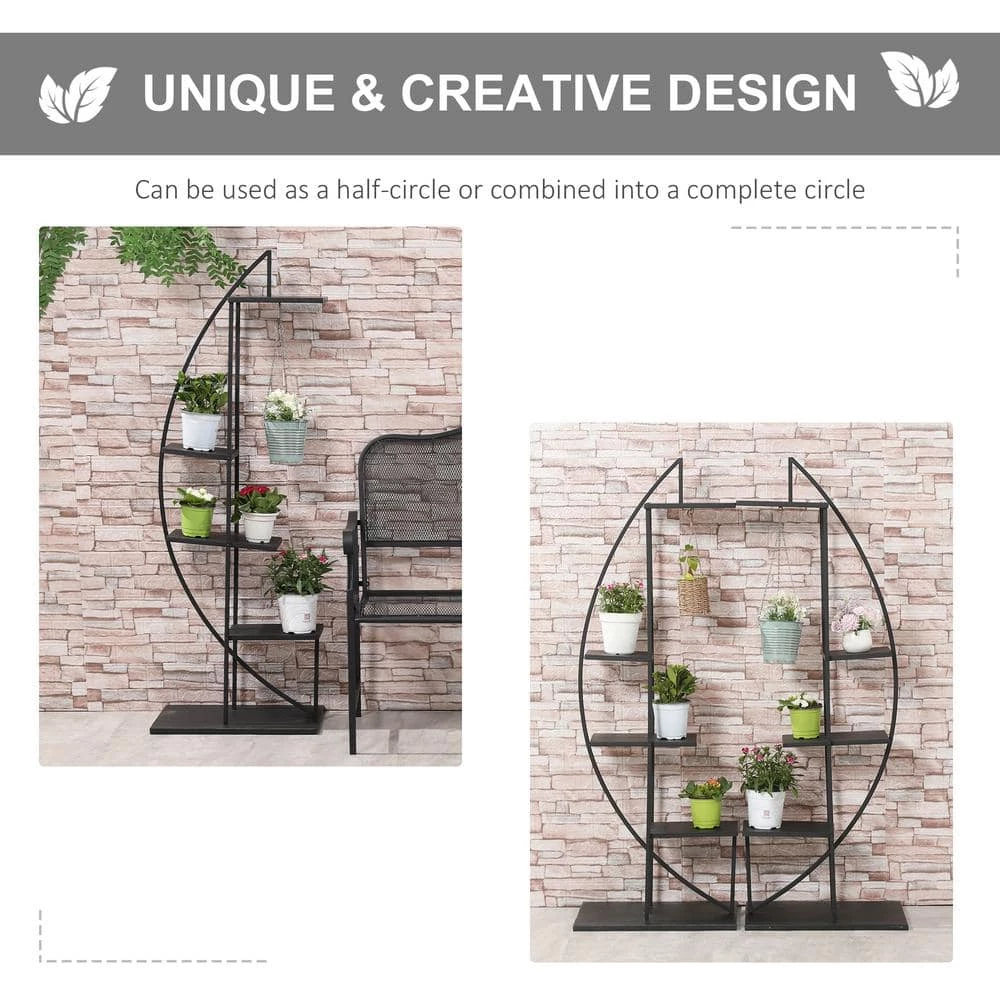 Outsunny Black 5 Tier Iron Plant Stand Half Moon Shape (2-Pack) 3 Outsunny Black 5 Tier Iron Plant Stand Half Moon Shape (2-Pack) - Image 3