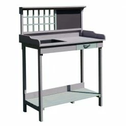 Outsunny 36.25 in. x 16.75 in. x 47 in. Black Wooden Potting Utility Bench with Storage and Sink