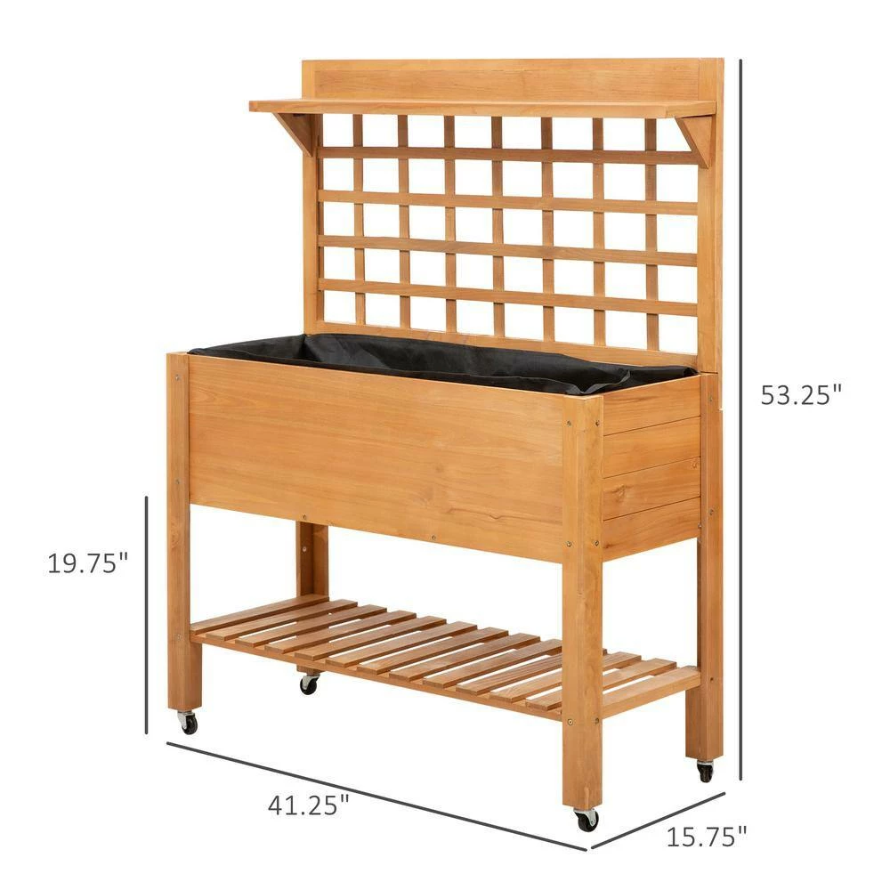 Outsunny 41 in. Brown Wooden Raised Garden Bed with Wheels, Trellis, Upper/Below Storage Shelf 3 Outsunny 41 in. Brown Wooden Raised Garden Bed with Wheels, Trellis, Upper/Below Storage Shelf - Image 3