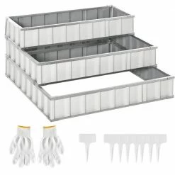 Outsunny 47 in. x 47 in. x 25 in. White Steel Garden Bed 3-Tier Raised A Pairs of Glove for Backyard