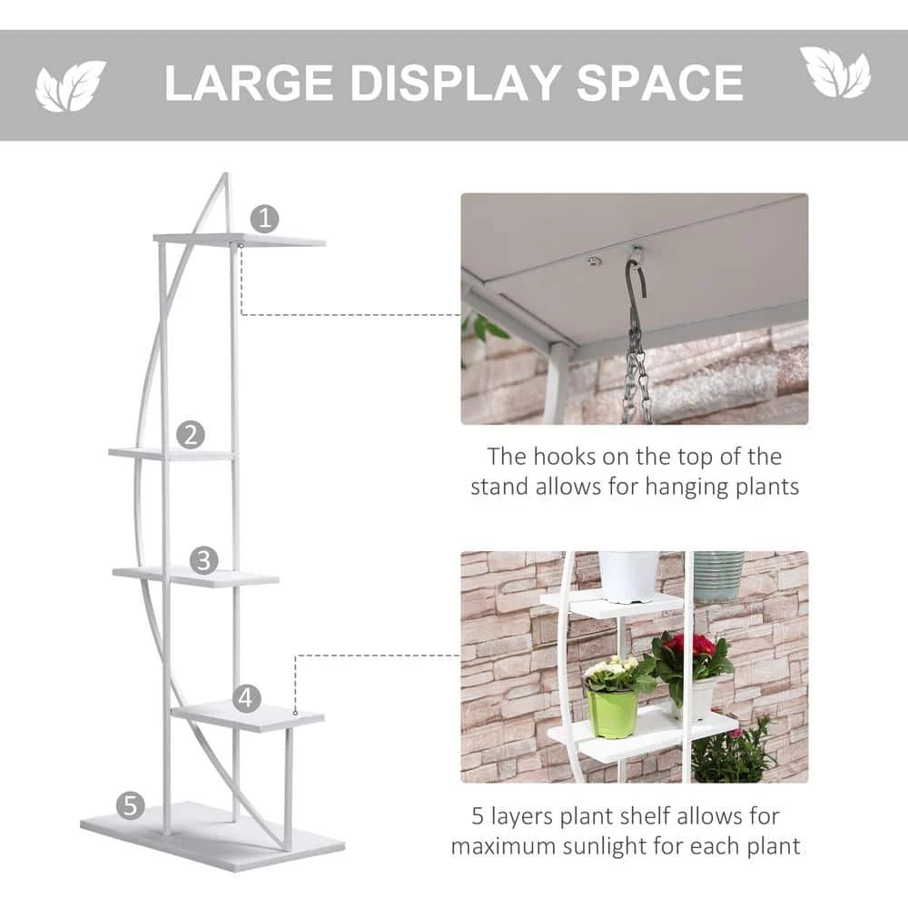Outsunny 60.75 in White Metal Indoor Plant Stand Half Moon Shape Ladder Flower Pot Holder Shelf with 5-Tiers 6 Outsunny 60.75 in White Metal Indoor Plant Stand Half Moon Shape Ladder Flower Pot Holder Shelf with 5-Tiers - Image 6