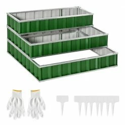 Outsunny 47 in. W x 47 in. D x 25 in. H Green Steel Garden Bed 3-Tier Raised A Pairs of Glove for Backyard