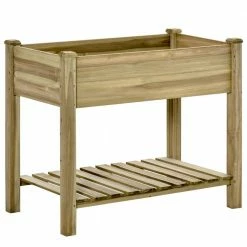Outsunny Light Green Wood Raised Garden Bed with Legs and Storage Shelf, Elevated Wood Planter Box