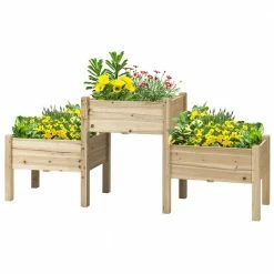 Outsunny Natural Fir Raised Garden Bed with Freestanding Wooden Plant Stand (3-Tier)
