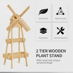 Outsunny Natural Wood Flower Stand with Windmill and Built-in Mini Bird House (2-Tier) -Online Orchards store natural outsunny plant stands 845 478 4f 1000