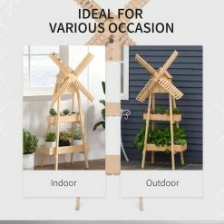 Outsunny Natural Wood Flower Stand with Windmill and Built-in Mini Bird House (2-Tier) -Online Orchards store natural outsunny plant stands 845 478 fa 1000