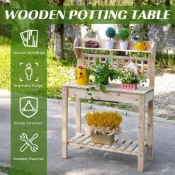 Outsunny 39 in. Wooden Garden Potting Bench Work Table with Hidden Storage, Sliding Tabletop -Online Orchards store natural outsunny potting benches and tables 845 449nd 4f 1000