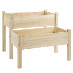 Outsunny 34 in. W x 34 in. D x 28 in. H Natural Wooden 2-Tier Raised Garden Bed