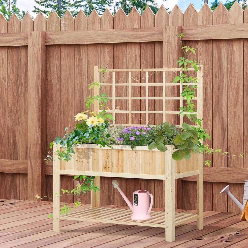 Outsunny 47 in. Natural Wooden Raised Garden Bed with Trellis Open Storage Shelf 2 Outsunny 47 in. Natural Wooden Raised Garden Bed with Trellis Open Storage Shelf - Image 2