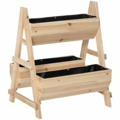 Outsunny Natural Wood Raised Garden Bed 2 Tier Planter Box with Stand, Nonwoven Fabric for Vegetables, Herbs, Flowers