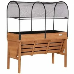 Outsunny Orange and Black Wood Raised Garden Bed with Sunshade Canopy, Planting Box, Outdoor Vegetable Flower Container