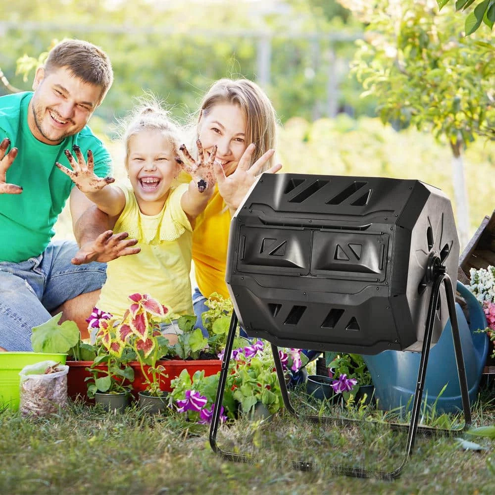 Outsunny 5.65 cu. ft. Carousel Composter Rotating 360° Dual Chamber Black Compost Bin 2 Outsunny 5.65 cu. ft. Carousel Composter Rotating 360° Dual Chamber Black Compost Bin - Image 2