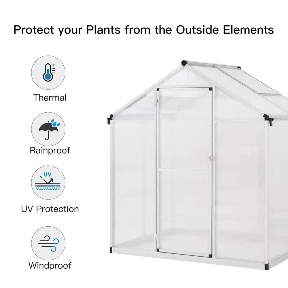 Outsunny 4 ft. x 6.25 ft. x 6.4 ft. Polycarbonate Silver Greenhouse with Roof Vent and Rain Gutters 3 Outsunny 4 ft. x 6.25 ft. x 6.4 ft. Polycarbonate Silver Greenhouse with Roof Vent and Rain Gutters - Image 3
