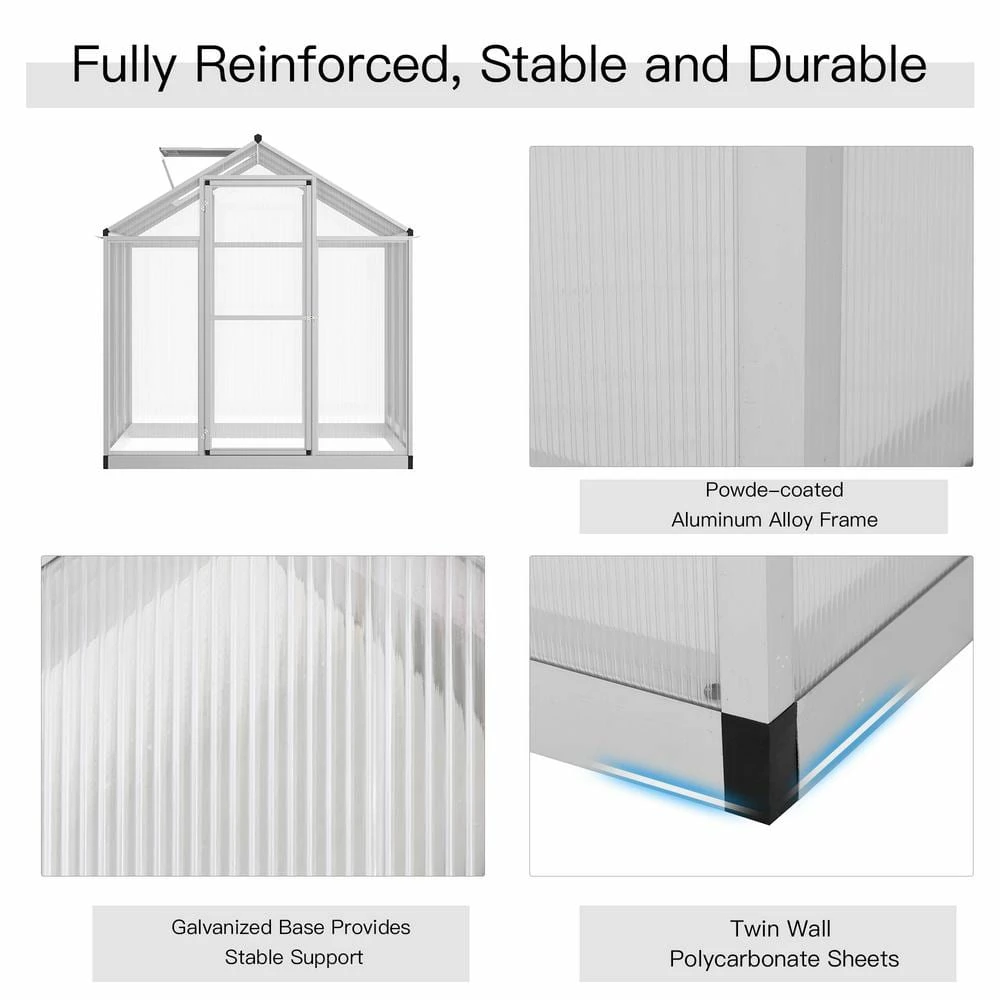 Outsunny 4 ft. x 6.25 ft. x 6.4 ft. Polycarbonate Silver Greenhouse with Roof Vent and Rain Gutters 6 Outsunny 4 ft. x 6.25 ft. x 6.4 ft. Polycarbonate Silver Greenhouse with Roof Vent and Rain Gutters - Image 6