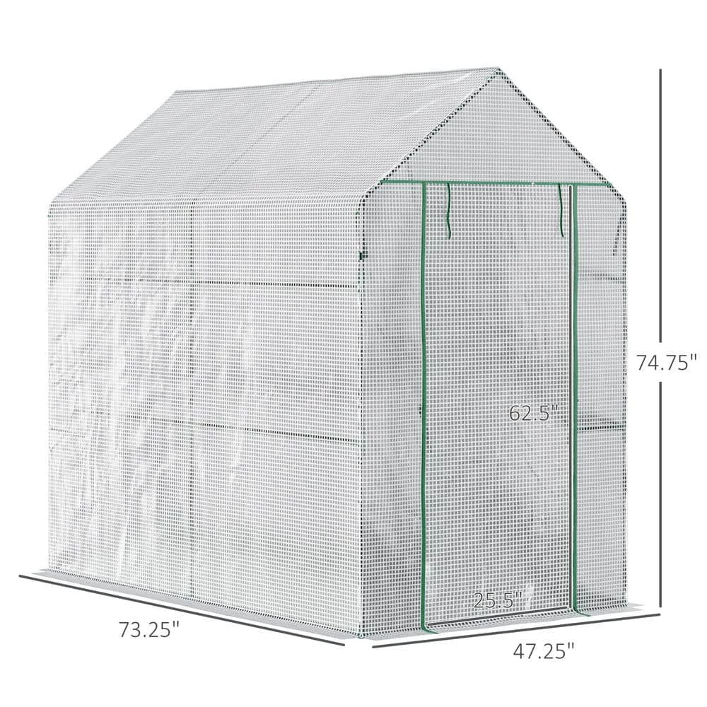 Outsunny 73 in. W x 47 in. D x 75 in. H Steel White Walk-in Greenhouse with Tunnel Shed w/Roll-up Door and 4 Shelves White 3 Outsunny 73 in. W x 47 in. D x 75 in. H Steel White Walk-in Greenhouse with Tunnel Shed w/Roll-up Door and 4 Shelves White - Image 3